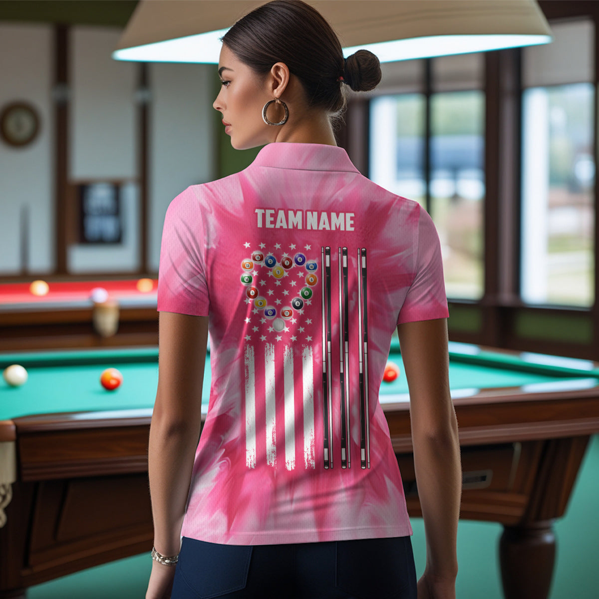 Personalized Pink Tie Dye Heart US Flag Women Billiard Shirts, Billiard Valentines Day Shirt Gifts TDM3430