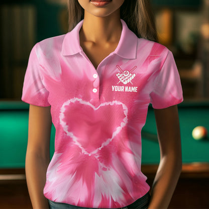 Personalized Pink Tie Dye Heart US Flag Women Billiard Shirts, Billiard Valentines Day Shirt Gifts TDM3430