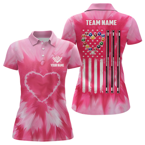 Personalized Pink Tie Dye Heart US Flag Women Billiard Shirts, Billiard Valentines Day Shirt Gifts TDM3430