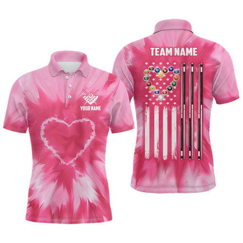 Personalized Pink Tie Dye Heart US Flag Men Billiard Shirts, Billiard Valentines Day Shirt Gifts TDM3430