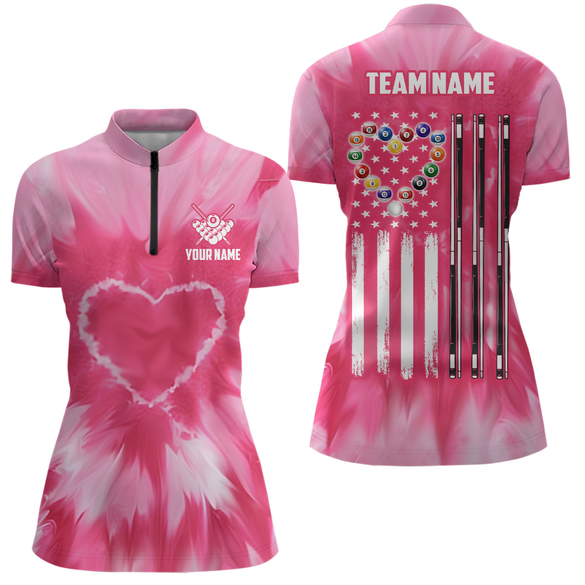 Personalized Pink Tie Dye Heart US Flag Women Billiard Shirts, Billiard Valentines Day Shirt Gifts TDM3430