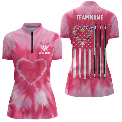 Personalized Pink Tie Dye Heart US Flag Women Billiard Shirts, Billiard Valentines Day Shirt Gifts TDM3430
