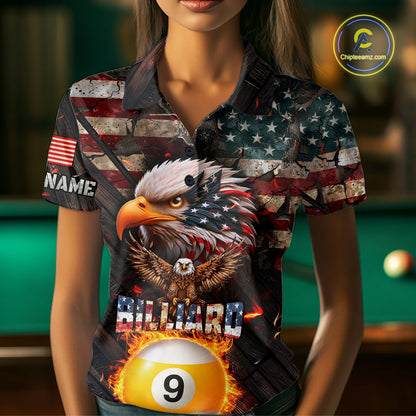 American Flag 9 Ball Fire Custom Eagle Billiard Shirt For Women, Patriotic Pool Jersey Polo, 1/4 Zip TDM5931