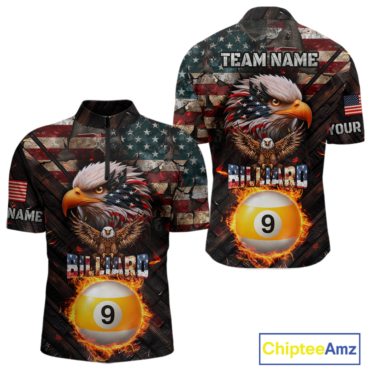 American Flag 9 Ball Fire Custom Eagle Billiard Shirt For Men, Patriotic Pool Jersey Polo, 1/4 Zip TDM5931