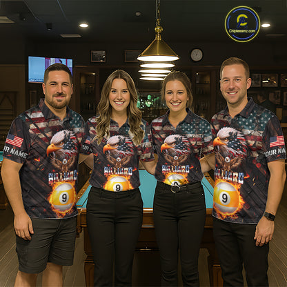 American Flag 9 Ball Fire Custom Eagle Billiard Shirt For Men, Patriotic Pool Jersey Polo, 1/4 Zip TDM5931