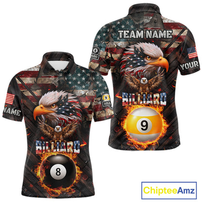 American Flag 8 Ball & 9 Ball Fire Custom Eagle Billiard Shirt For Men, Patriotic Pool Team Jersey TDM5932