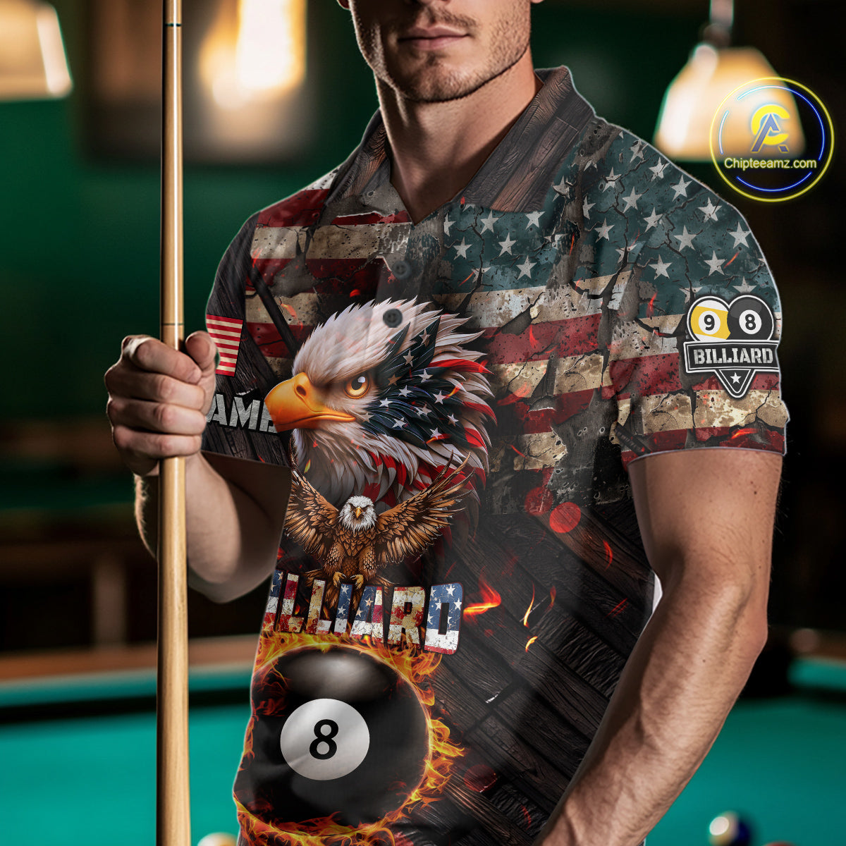 American Flag 8 Ball & 9 Ball Fire Custom Eagle Billiard Shirt For Men, Patriotic Pool Team Jersey TDM5932