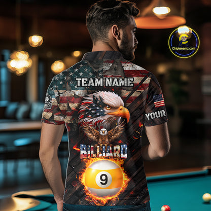 American Flag 8 Ball & 9 Ball Fire Custom Eagle Billiard Shirt For Men, Patriotic Pool Team Jersey TDM5932