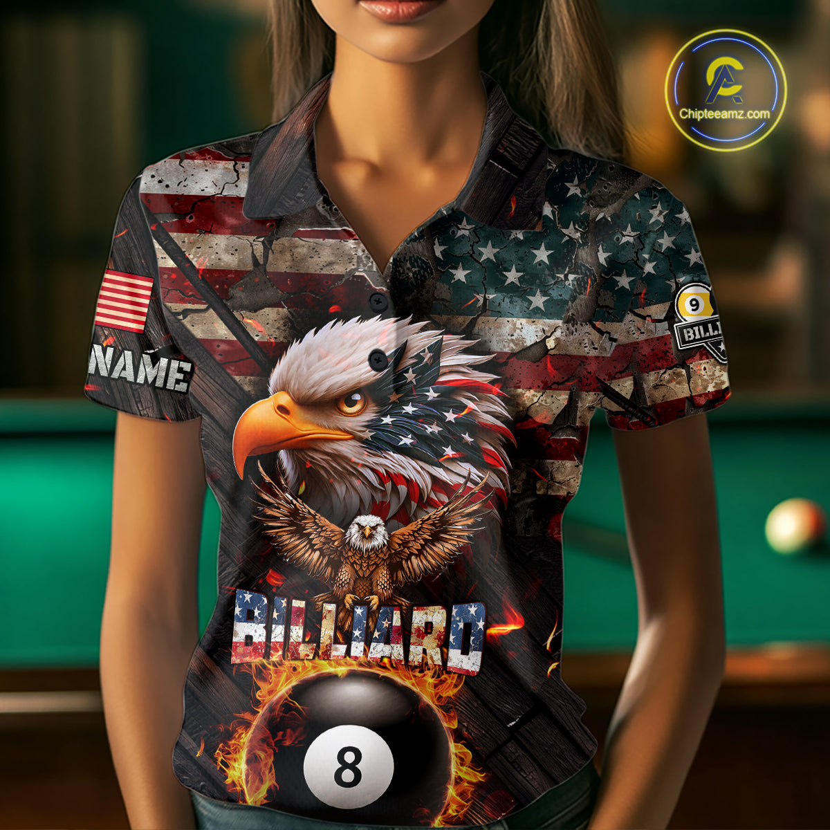American Flag 8 Ball & 9 Ball Fire Custom Eagle Billiard Shirt For Women, Patriotic Pool Team Jersey TDM5932