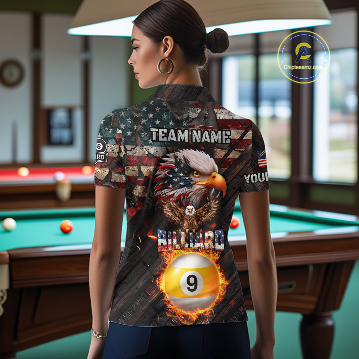 American Flag 8 Ball & 9 Ball Fire Custom Eagle Billiard Shirt For Women, Patriotic Pool Team Jersey TDM5932