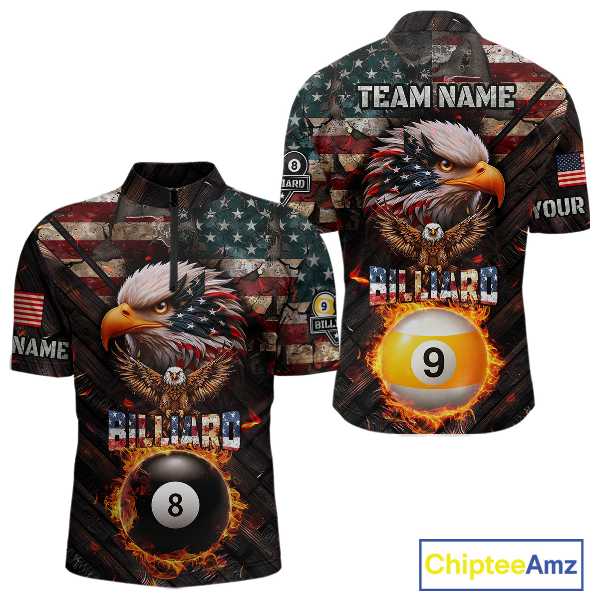 American Flag 8 Ball & 9 Ball Fire Custom Eagle Billiard Shirt For Men, Patriotic Pool Team Jersey TDM5932