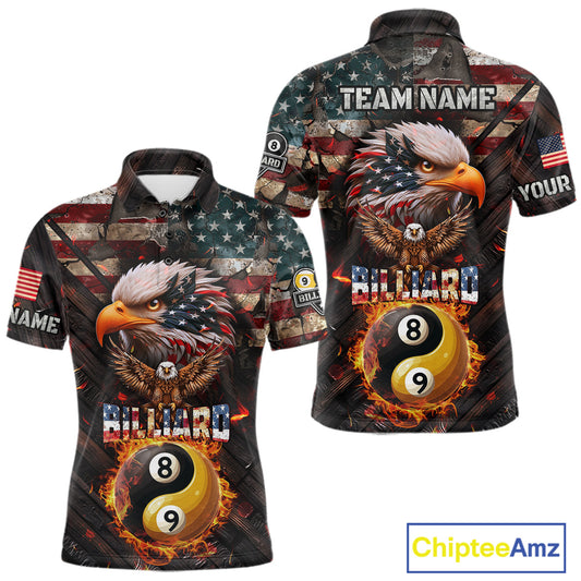 American Flag 8 & 9 Ball Yin-Yang Fire Custom Eagle Billiard Shirt For Men, Pool Team Jersey TDM5933