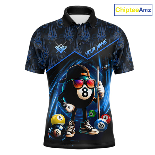 Blue Funny 8 Ball Pool Billiard Shirt For Men Custom Flame Billiard Team Jersey Polo & 1/4 Zip TDM6346