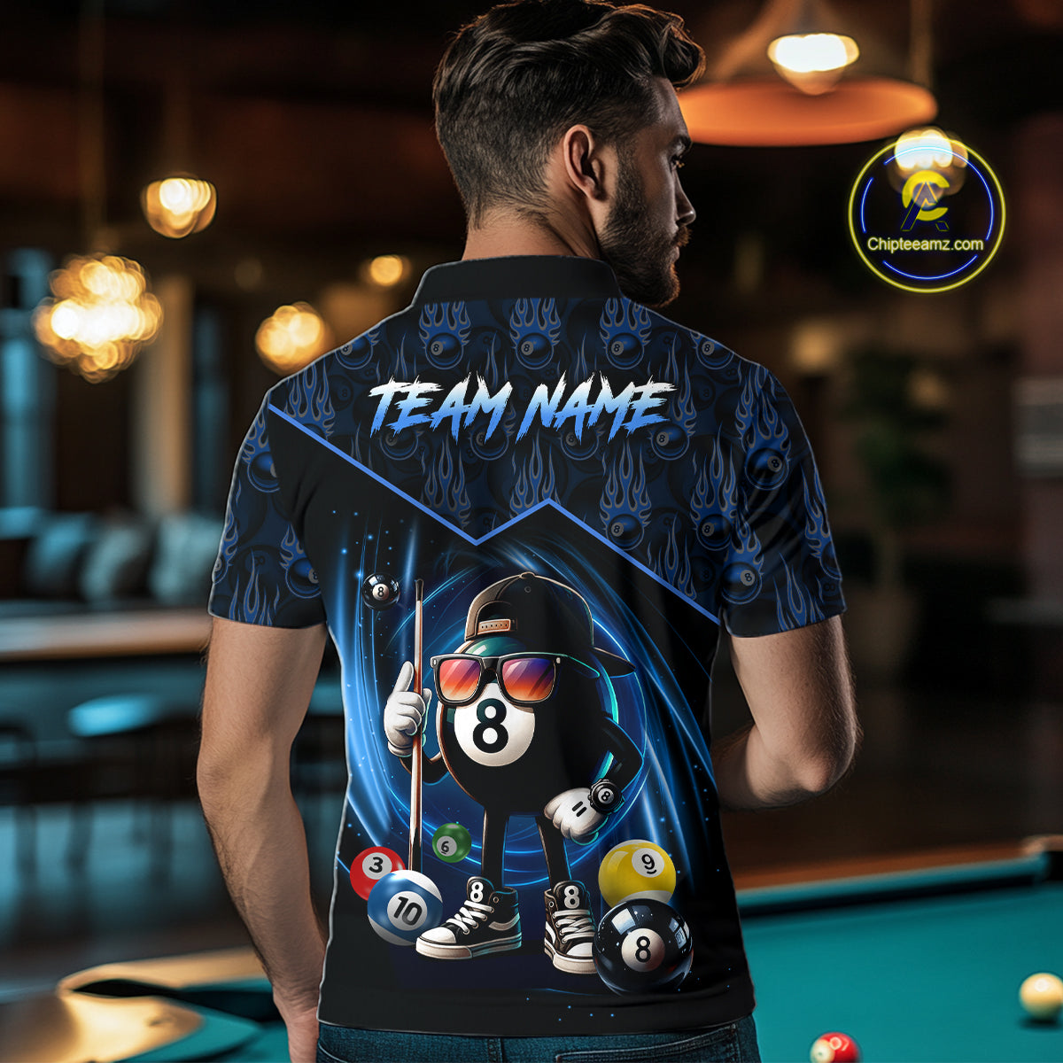 Blue Funny 8 Ball Pool Billiard Shirt For Men Custom Flame Billiard Team Jersey Polo & 1/4 Zip TDM6346