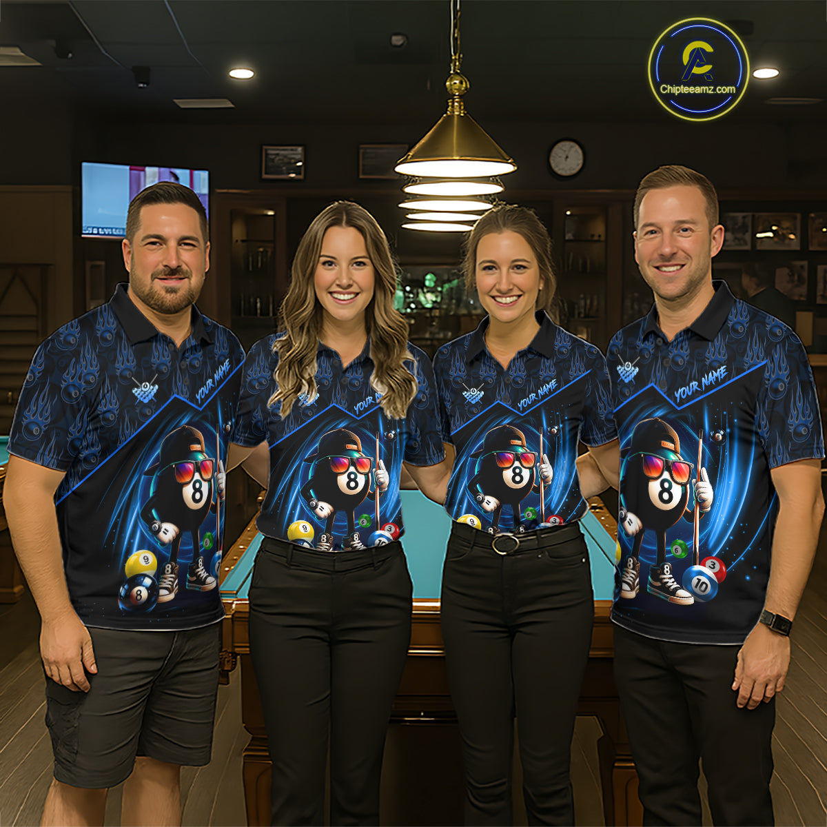 Blue Funny 8 Ball Pool Billiard Shirt For Men Custom Flame Billiard Team Jersey Polo & 1/4 Zip TDM6346