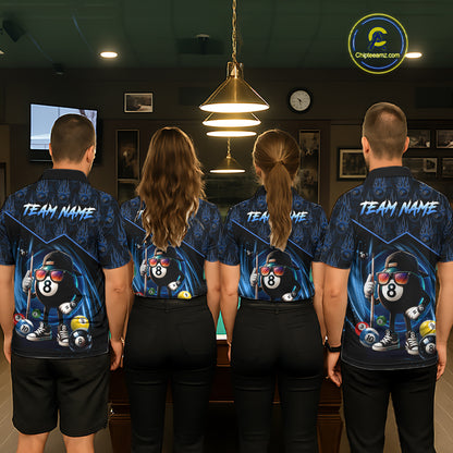 Blue Funny 8 Ball Pool Billiard Shirt For Men Custom Flame Billiard Team Jersey Polo & 1/4 Zip TDM6346