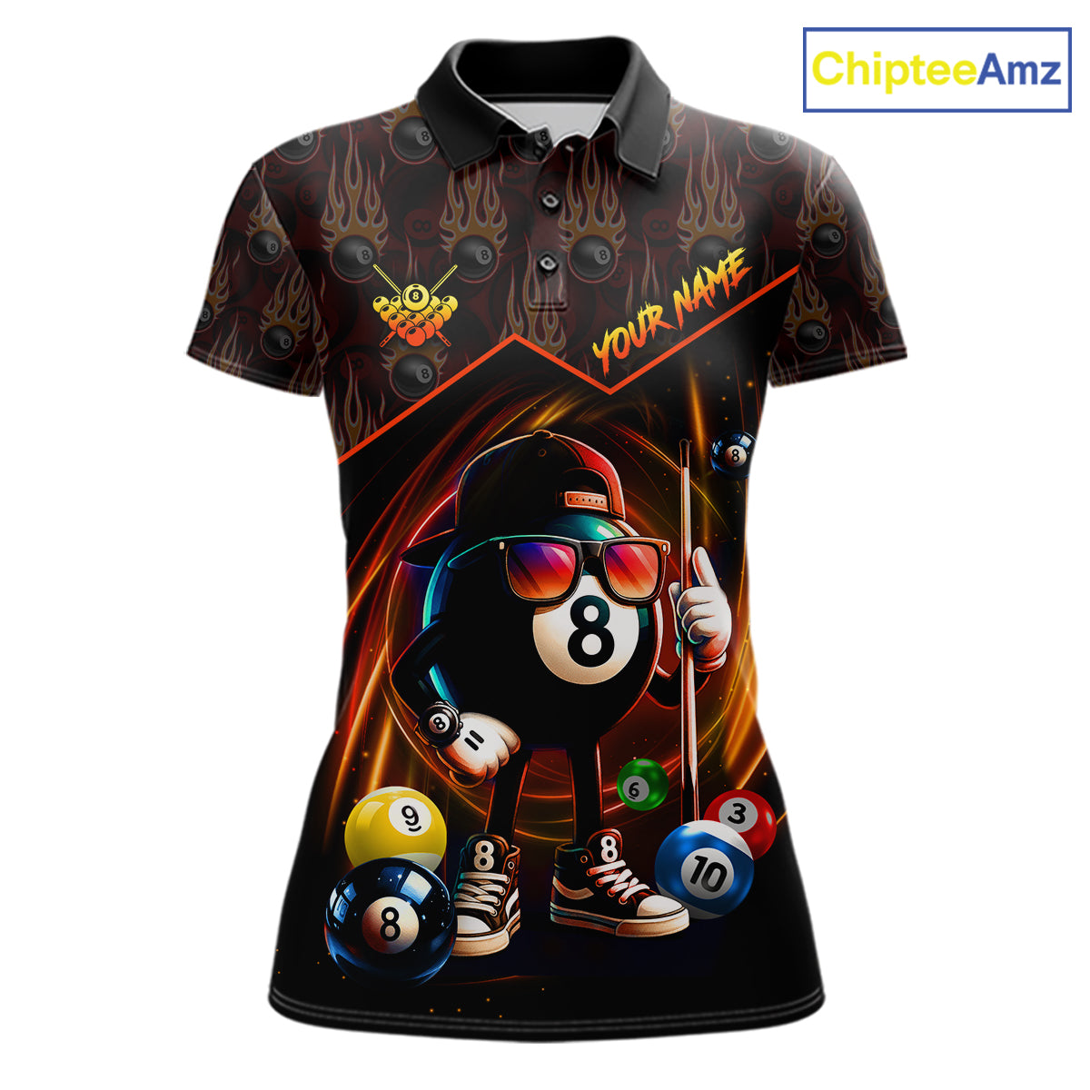 Orange Funny 8 Ball Pool Billiard Shirt For Women Custom Flame Billiard Team Jersey Polo & 1/4 Zip TDM6347