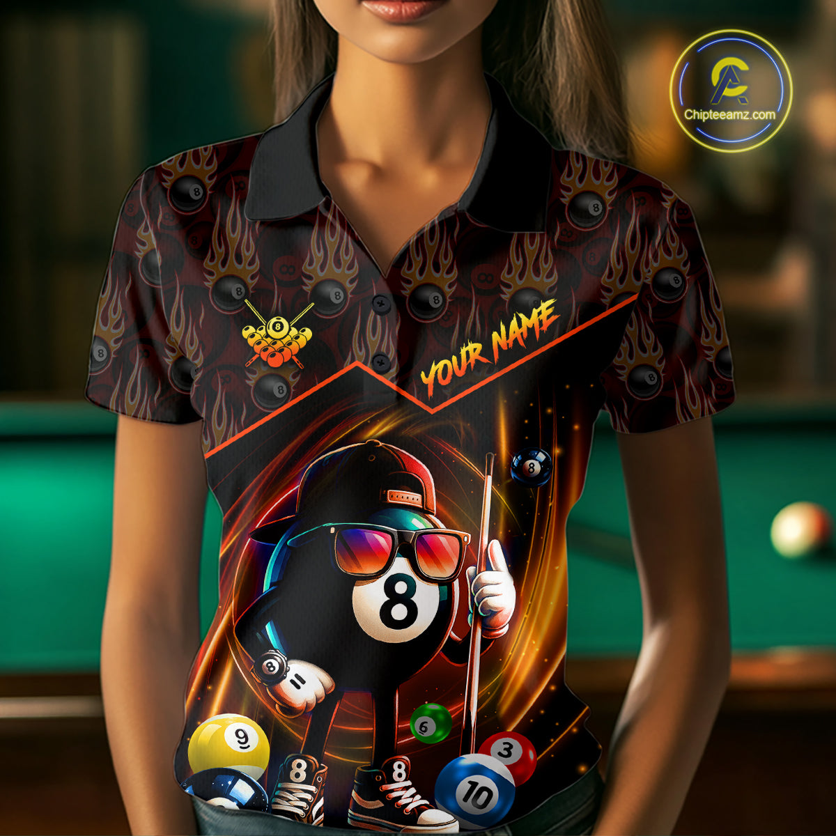 Orange Funny 8 Ball Pool Billiard Shirt For Women Custom Flame Billiard Team Jersey Polo & 1/4 Zip TDM6347