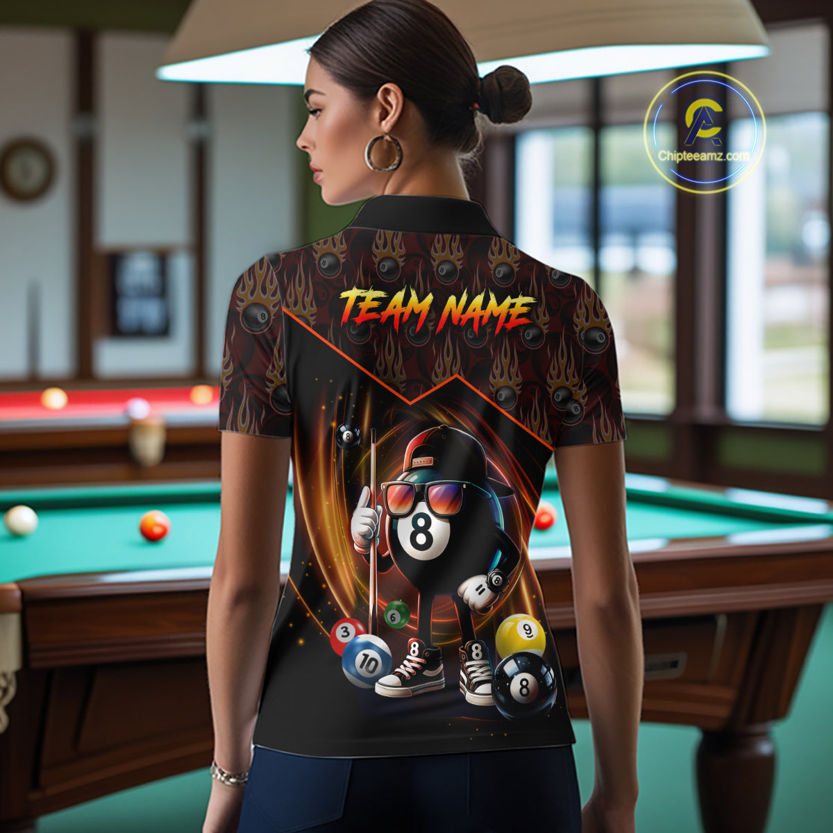 Orange Funny 8 Ball Pool Billiard Shirt For Women Custom Flame Billiard Team Jersey Polo & 1/4 Zip TDM6347