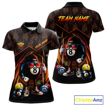 Orange Funny 8 Ball Pool Billiard Shirt For Women Custom Flame Billiard Team Jersey Polo & 1/4 Zip TDM6347