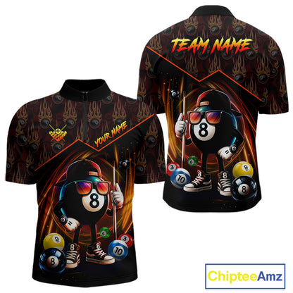 Orange Funny 8 Ball Pool Billiard Shirt For Men Custom Flame Billiard Team Jersey Polo & 1/4 Zip TDM6347