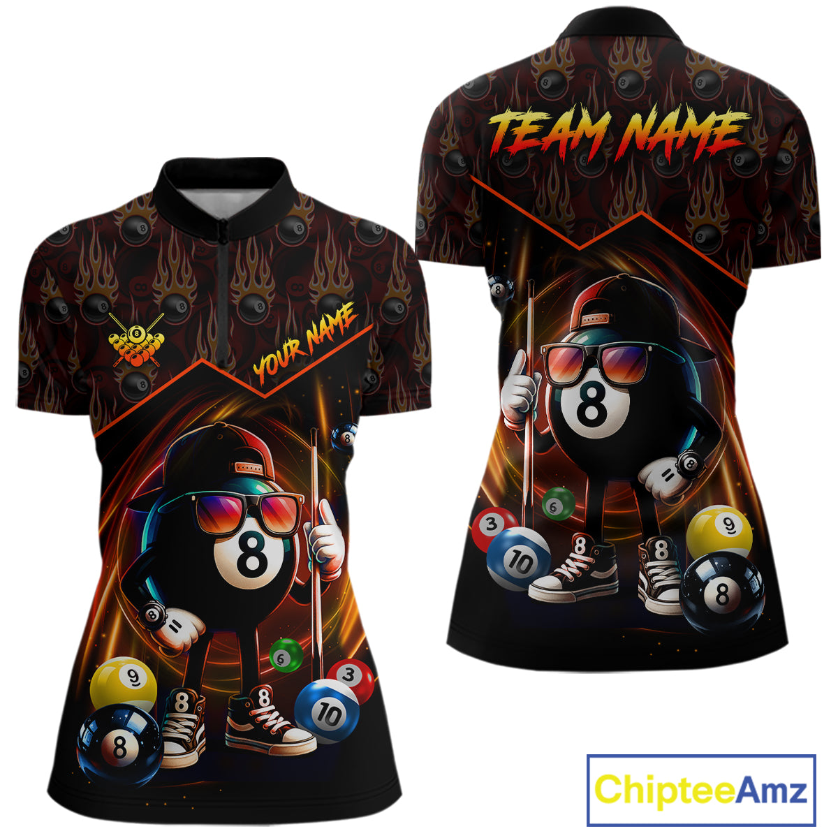 Orange Funny 8 Ball Pool Billiard Shirt For Women Custom Flame Billiard Team Jersey Polo & 1/4 Zip TDM6347
