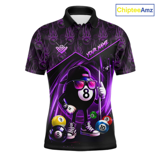 Purple Funny 8 Ball Pool Billiard Shirt For Men Custom Flame Billiard Team Jersey Polo & 1/4 Zip TDM6348