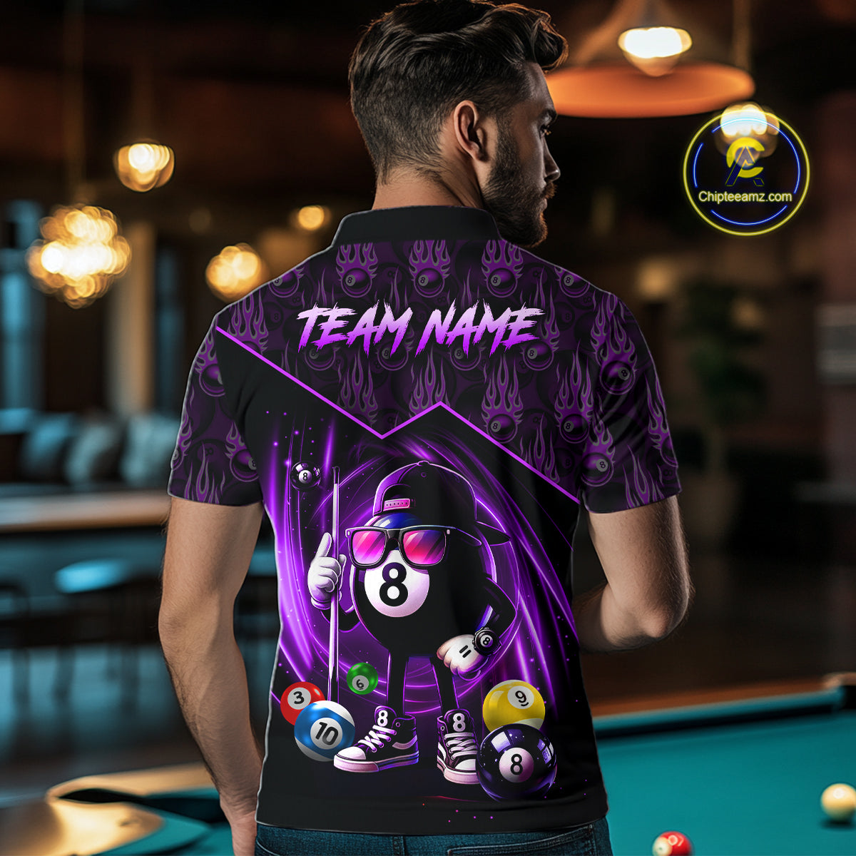 Purple Funny 8 Ball Pool Billiard Shirt For Men Custom Flame Billiard Team Jersey Polo & 1/4 Zip TDM6348