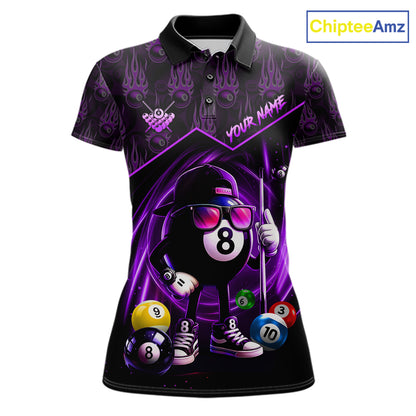 Purple Funny 8 Ball Pool Billiard Shirt For Women Custom Flame Billiard Team Jersey Polo & 1/4 Zip TDM6348