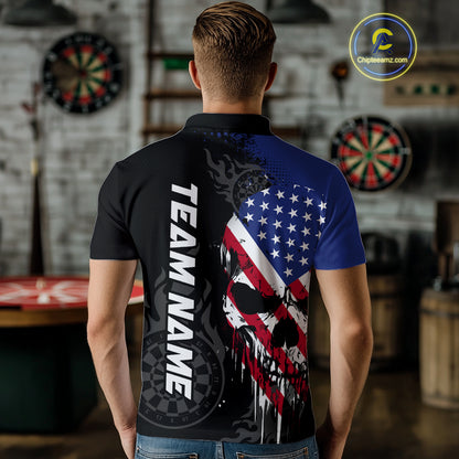 Grunge American Flag Skull Darts Shirt For Men Custom Patriotic Darts Team Jerseys Polo & 1/4 Zip TDM4197