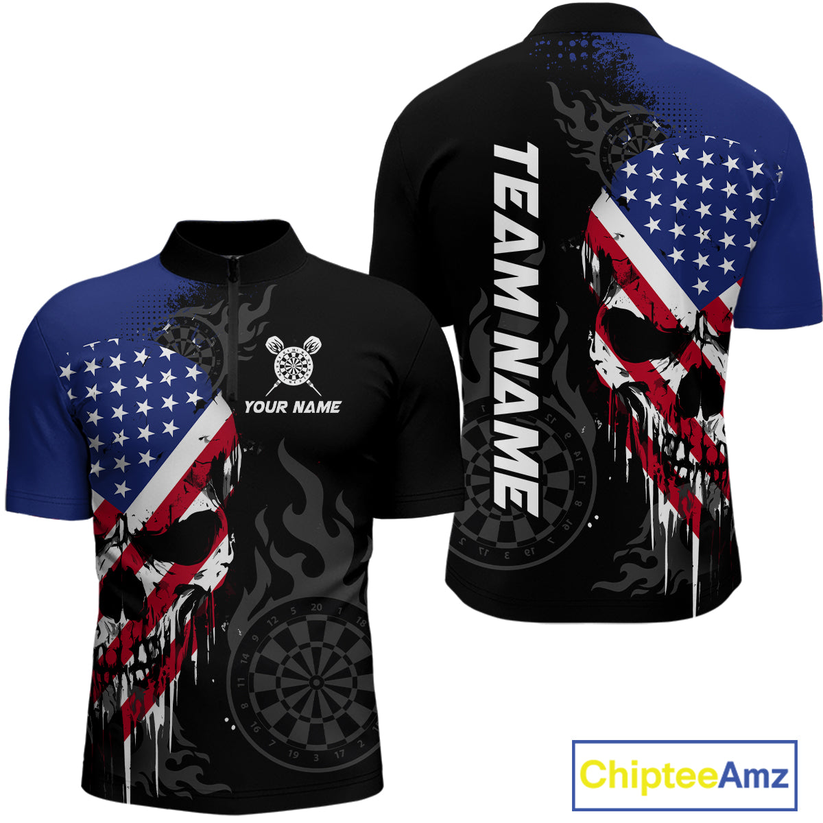 Grunge American Flag Skull Darts Shirt For Men Custom Patriotic Darts Team Jerseys Polo & 1/4 Zip TDM4197