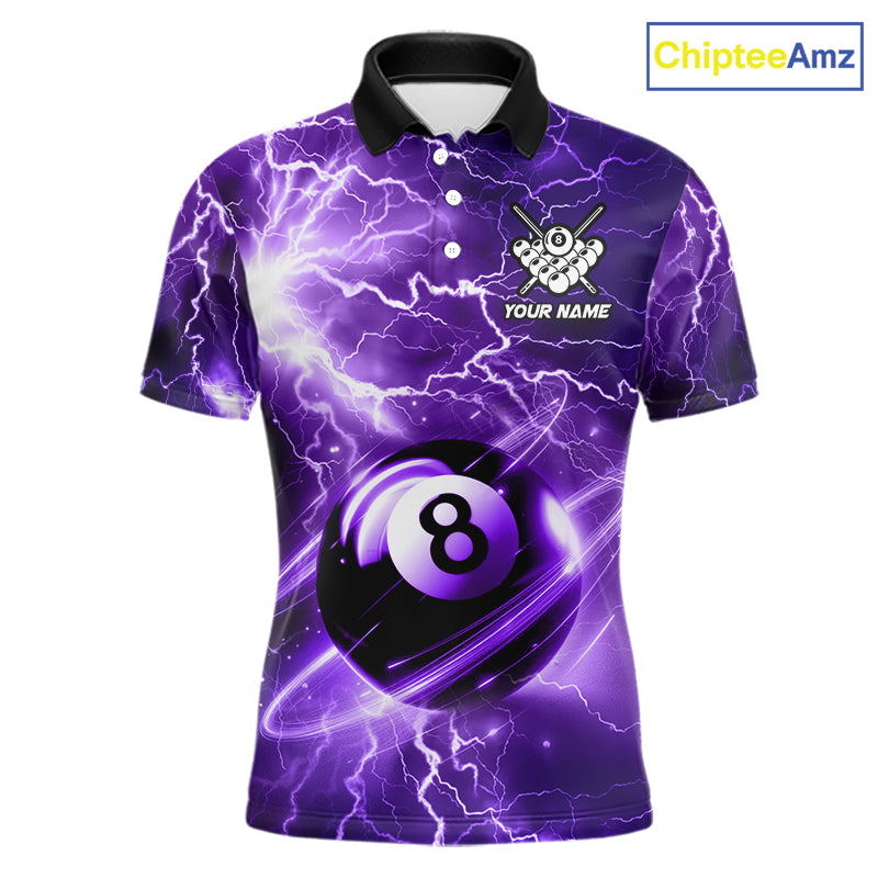 Purple 8 ball thunder lightning billiard polo shirt for men with custom pool team graphics.