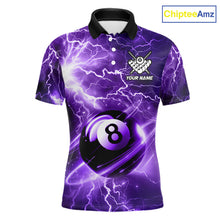 Load image into Gallery viewer, Purple 8 ball thunder lightning billiard polo shirt for men with custom pool team graphics.