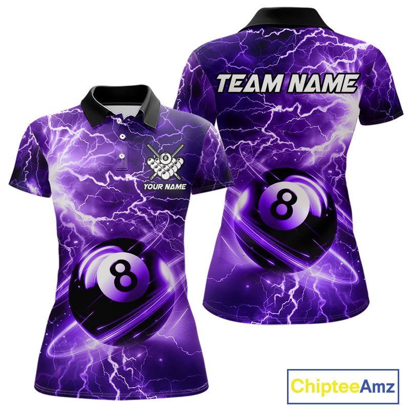 Purple 8 ball thunder lightning billiard polo shirt for women with custom pool team graphics.