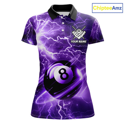 Purple 8 ball thunder lightning billiard polo shirt for women with custom pool team graphics.