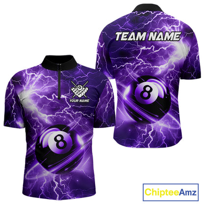 Purple 8 ball thunder lightning billiard quarter zip shirt for men built for tournaments and league competition.