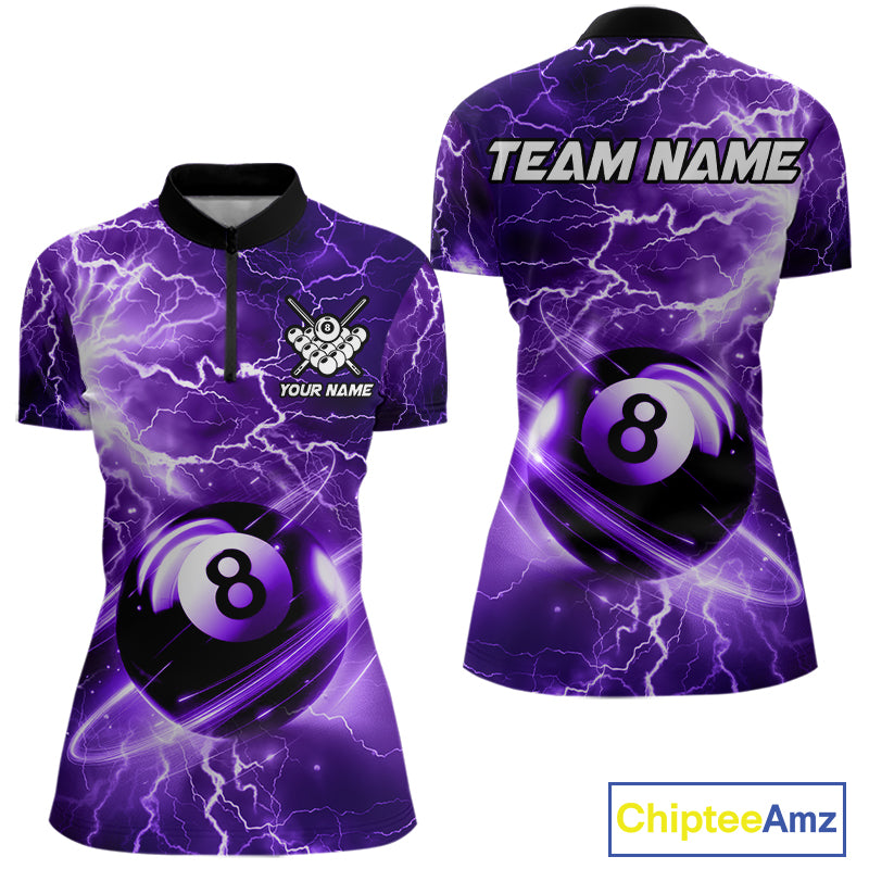 Purple 8 ball thunder lightning billiard quarter zip shirt for women built for tournaments and league competition.