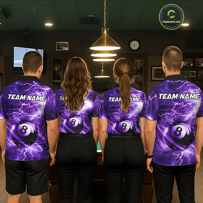 Back view of pool players wearing matching purple lightning billiard shirts in a game room.