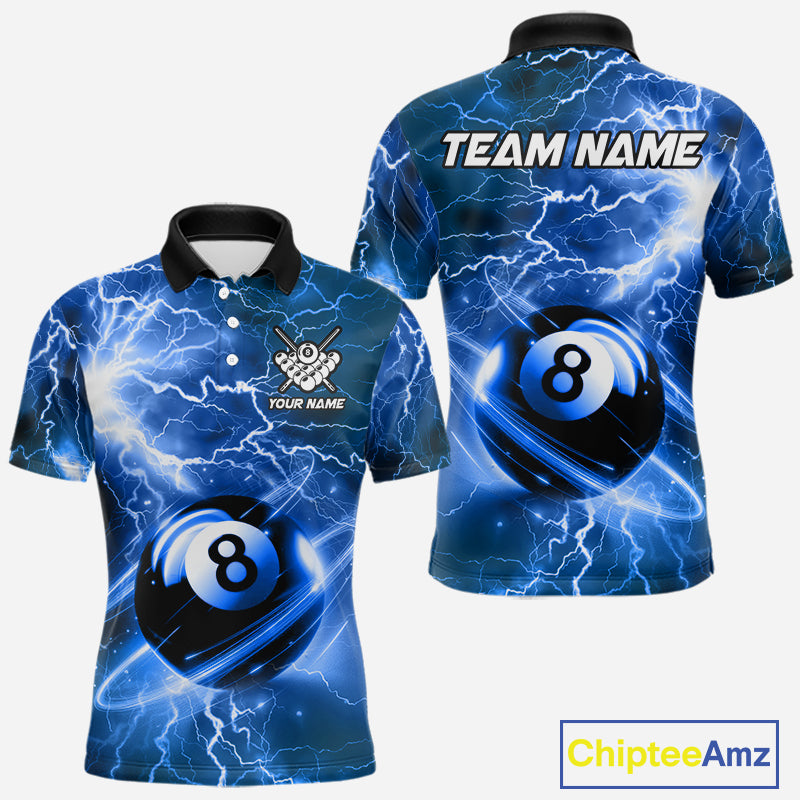 Blue 8 ball thunder lightning billiard polo shirt for men with custom pool team graphics.