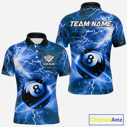 Blue 8 ball thunder lightning billiard polo shirt for men with custom pool team graphics.