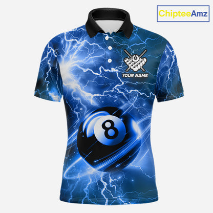 Blue 8 ball thunder lightning billiard polo shirt for men with custom pool team graphics.