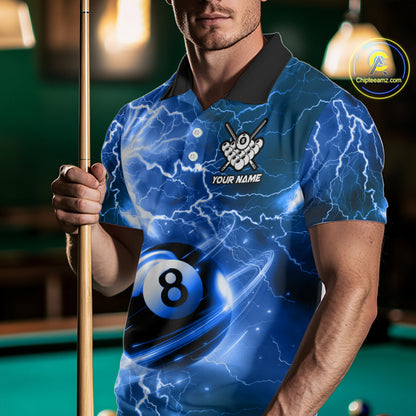 Man wearing a blue 8 ball thunder lightning billiard jersey beside a pool table front view.