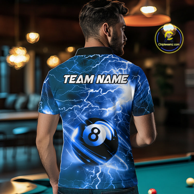 Back view of man wearing a blue thunder lightning 8 ball pool shirt in a billiards hall.