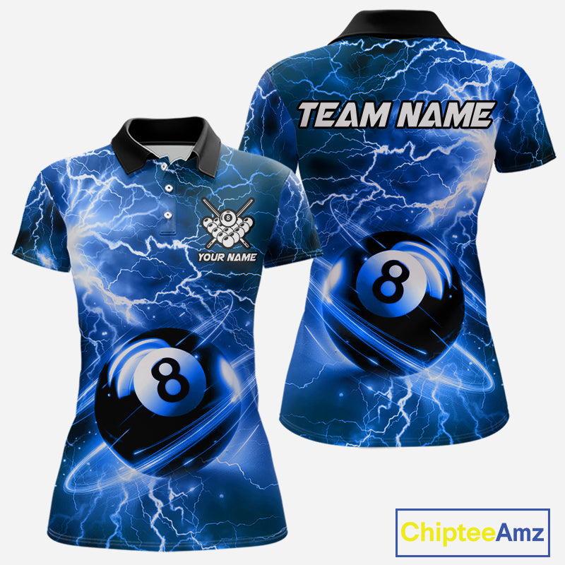 Blue 8 ball thunder lightning billiard polo shirt for women with custom pool team graphics.