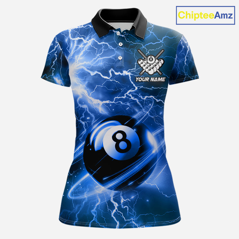 Blue 8 ball thunder lightning billiard polo shirt for women with custom pool team graphics.