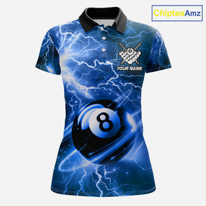 Blue 8 ball thunder lightning billiard polo shirt for women with custom pool team graphics.