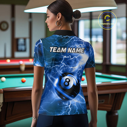 Back view of woman wearing a blue thunder lightning 8 ball pool shirt in a billiards hall.