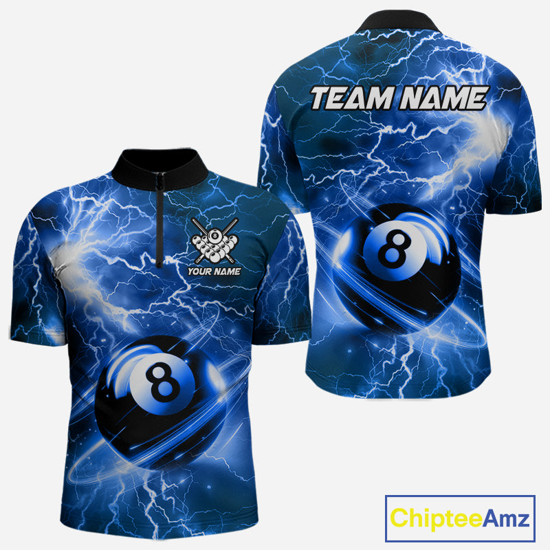 Blue 8 ball thunder lightning billiard quarter zip shirt for men designed for league tournaments and team events.