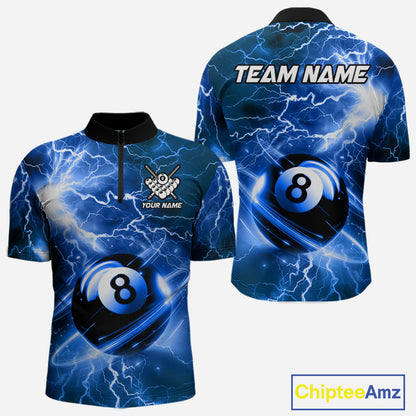 Blue 8 ball thunder lightning billiard quarter zip shirt for men designed for league tournaments and team events.