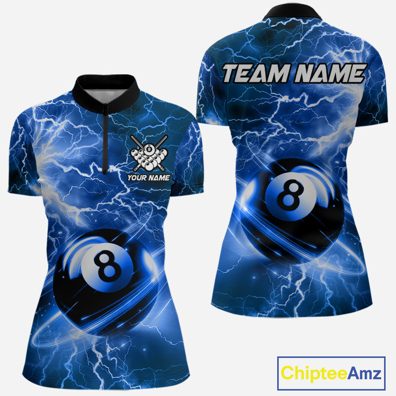 Blue 8 ball thunder lightning billiard quarter zip shirt for women designed for league tournaments and team events.